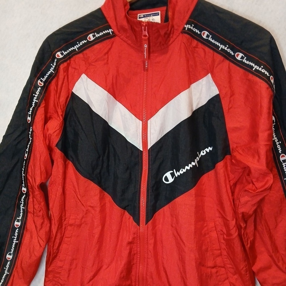 Champion Mens Small Red Black Windbreaker 90s Track Jacket Streetwear NWT - Picture 3 of 14